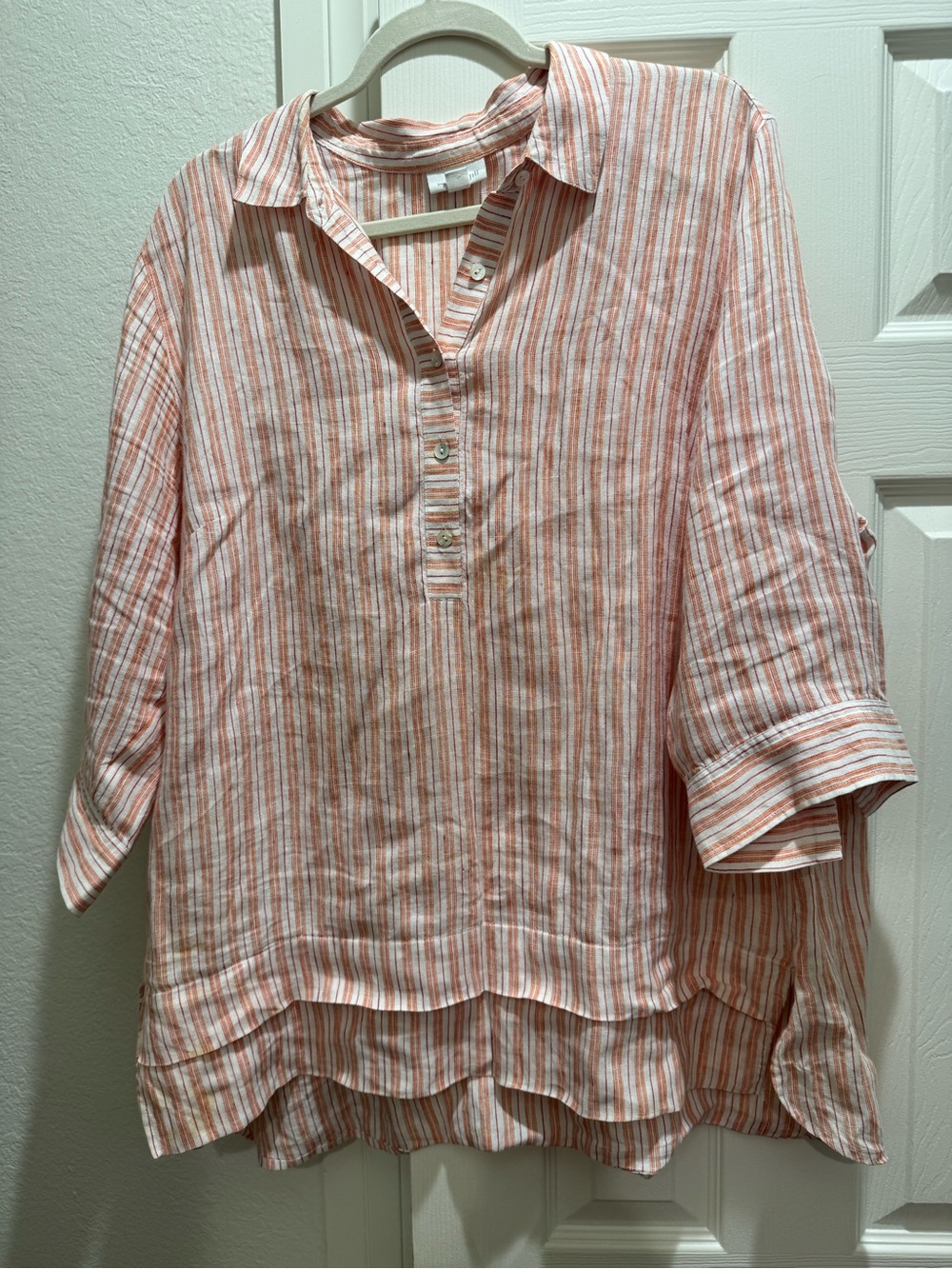J. Jill Peach & White Striped Linen-Blend Tunic Shirt